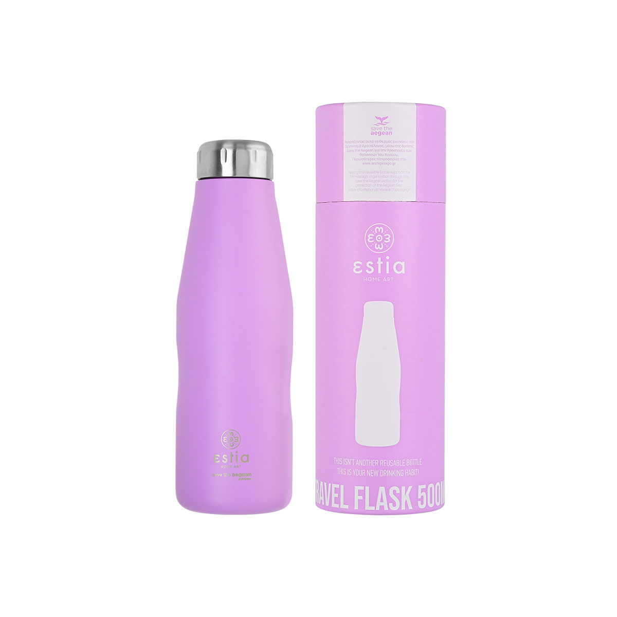 0006693_-travel-flask-save-the-aegean-500ml-lavender-purple ΘΕΡΜΟΣ TRAVEL FLASK SAVE THE AEGEAN 500ml LAVENDER PURPLE 01-7805 - Image 1